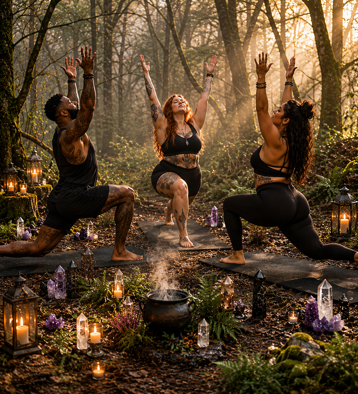 Three women practicing yoga in a forest at sunset, surrounded by candles and crystals, with one woman in a lunge pose and the other two in a kneeling pose with their hands raised.