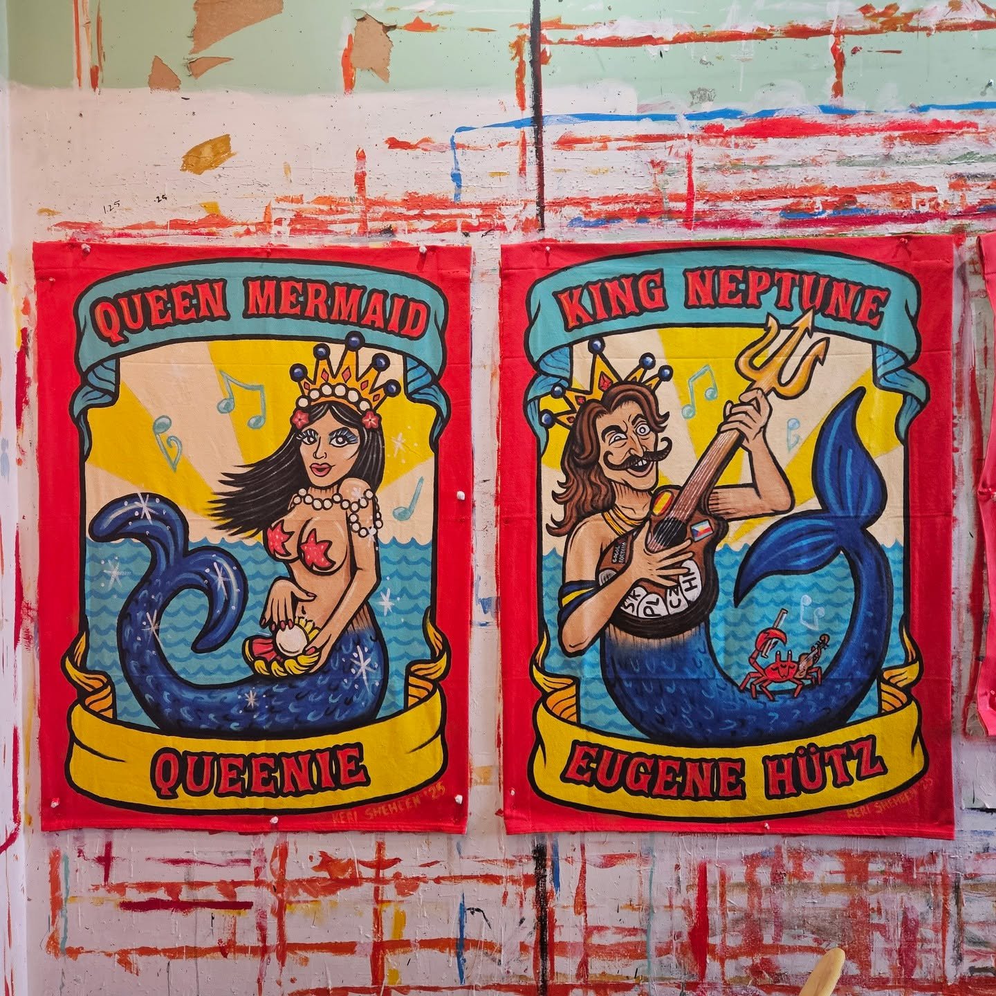 This year's @mermaidparade Royalty Banners for Queen @missqueeniexo and @eugene_hutz 👑👑 Every year I love the challenge of turning notable creative New Yorker's into mermaids. Queenie was SO sweet and dealt with my unruly hat like a true Queen ❤️ I