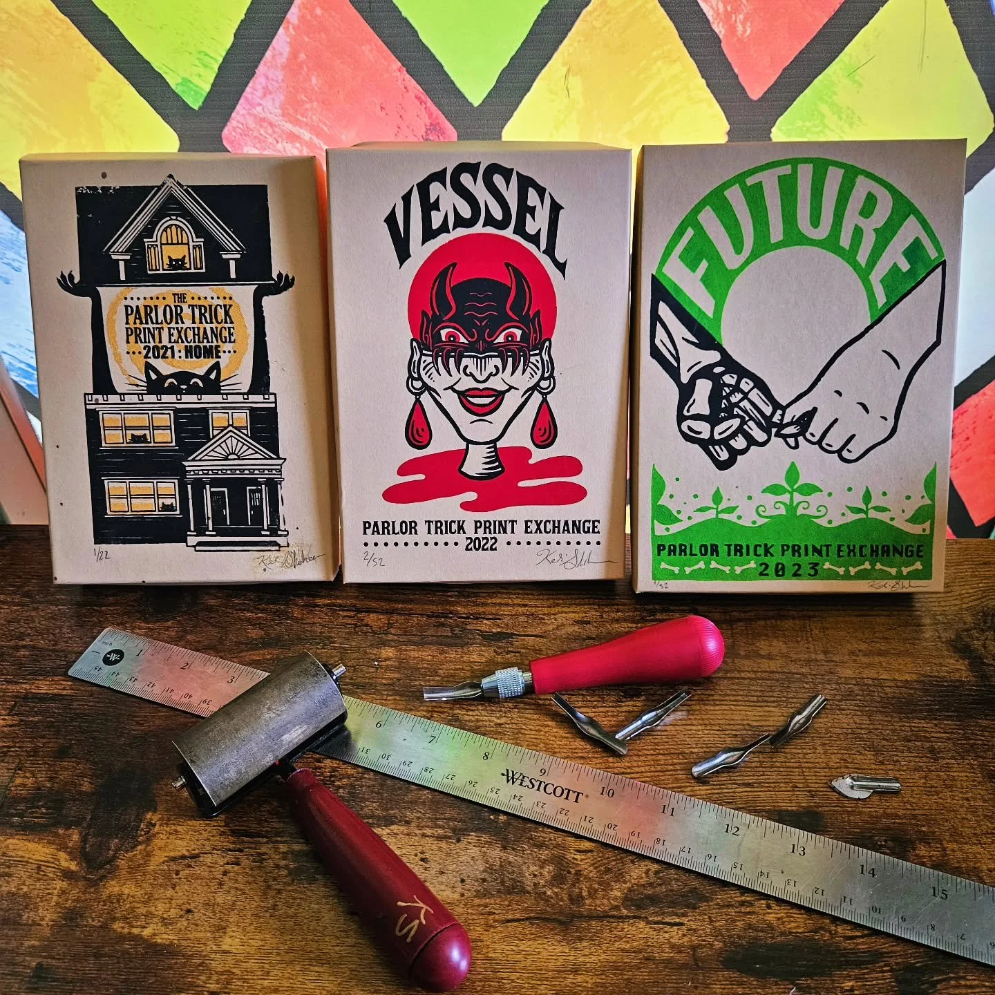 Looking back on 3 years of the Parlor Trick Print Exchange! Every participating printmaker makes an edition of 12 prints,  and receives 10 random prints in return from other participating members. Those random prints come delivered in a limited editi