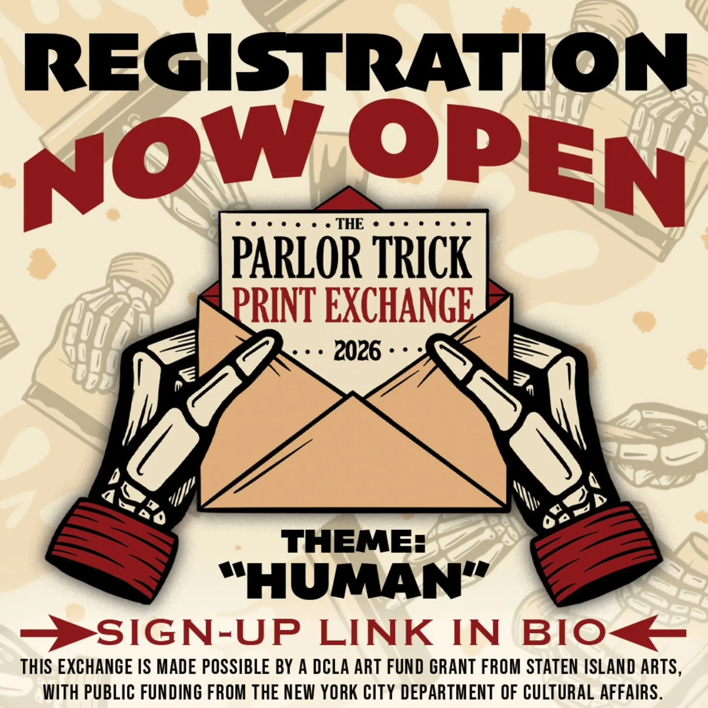 The Parlor Trick Print Exchange 2026 is here! This year there will be 75 spots open to printmakers across the United States. Each participating artist creates an edition of 12 hand-pulled prints with the theme "HUMAN." You receive 10 prints