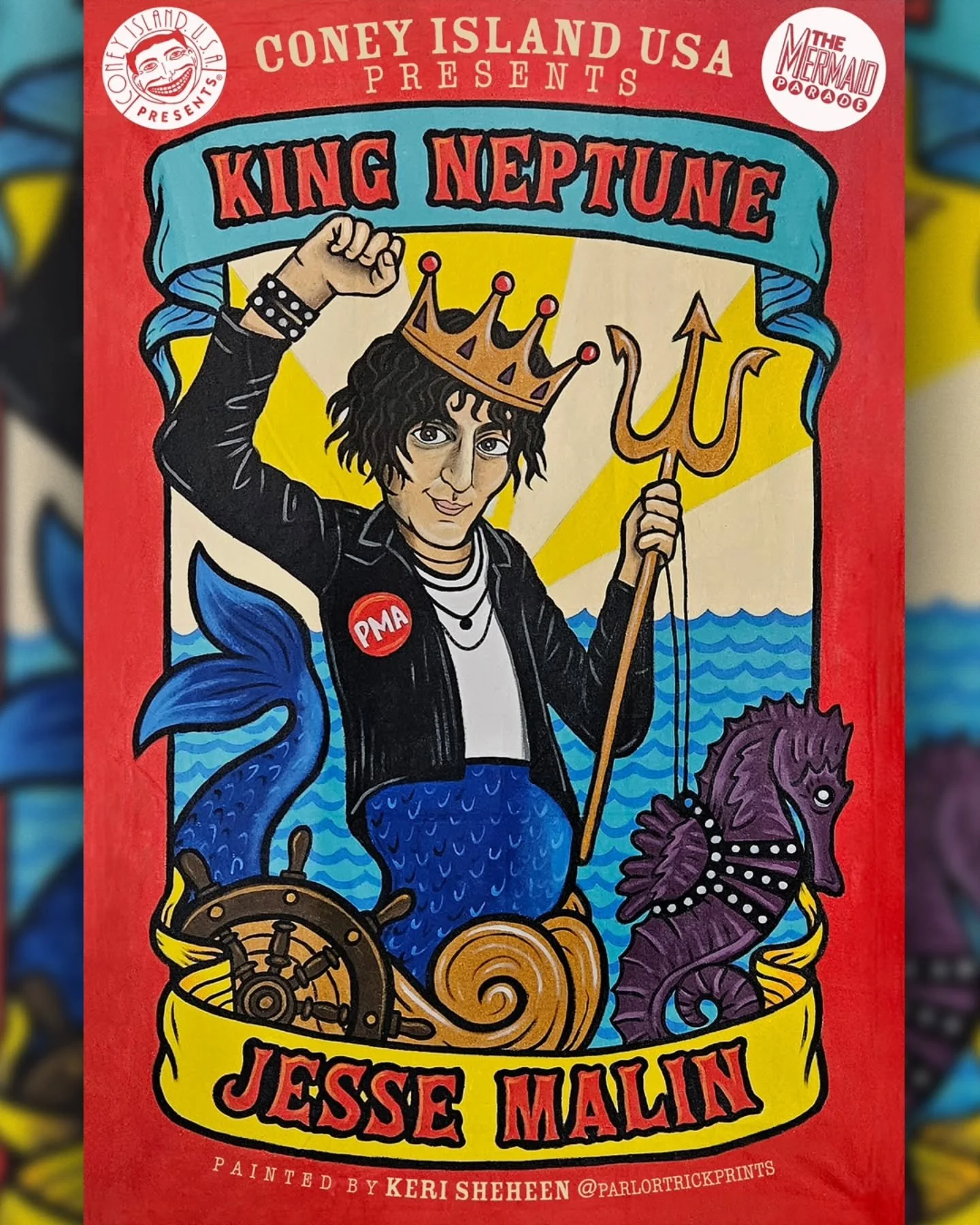 Happy to announce that my King Neptune banner artwork for @coney.island.usa @mermaidparade is now benefiting another wonderful cause 🧜&zwj;♂️ you can grab my banners on 4x6 stickers and all of the proceeds will benefit @jesse_malin Sweet Relief Fund