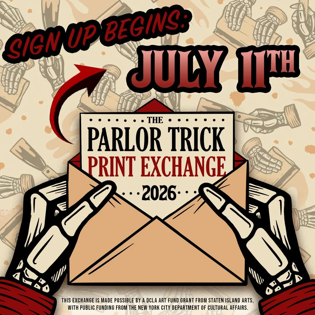 I'm proud to announce that the Parlor Trick Print Exchange is coming back for its 5th year! 🎉 A massive thank you to @statenarts for making this exchange possible every year. This time, we're going bigger with up to 75 Printmakers across the United 
