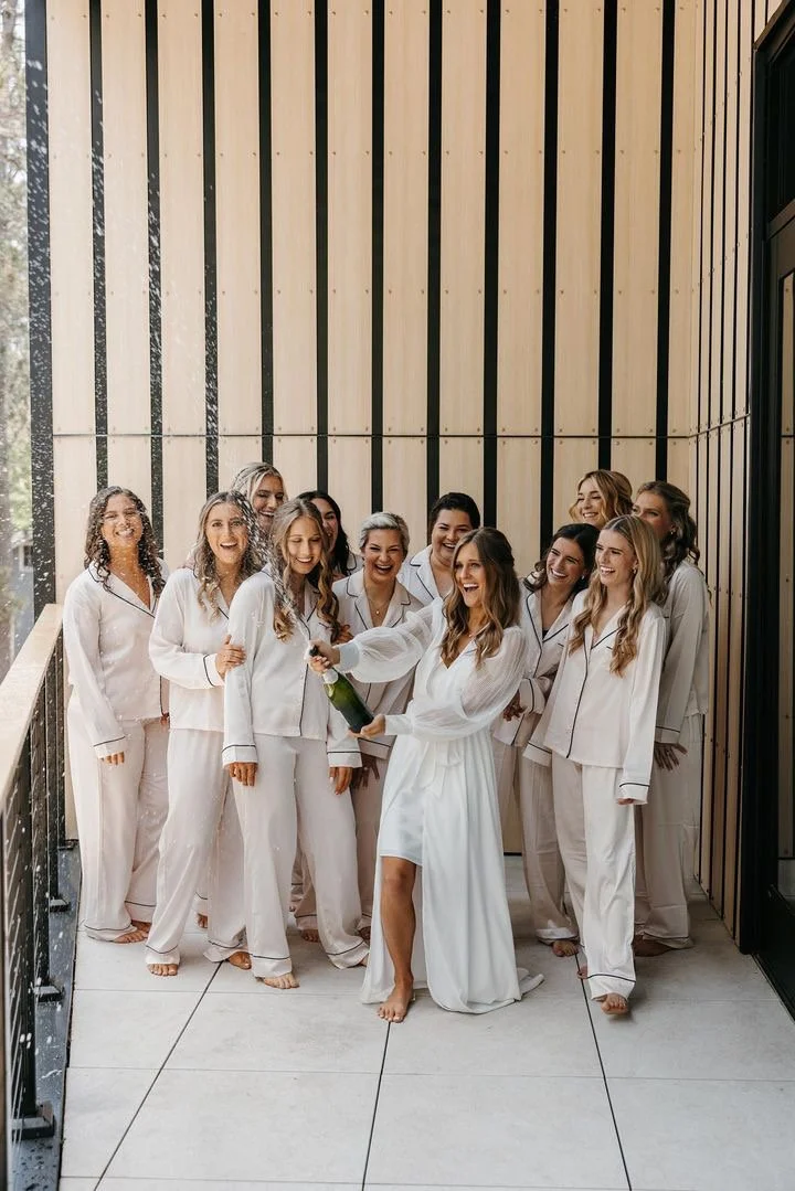 Bridal party pajamas, bridal robe, bridal party champagne spray, Catalyst by nature link wedding venue