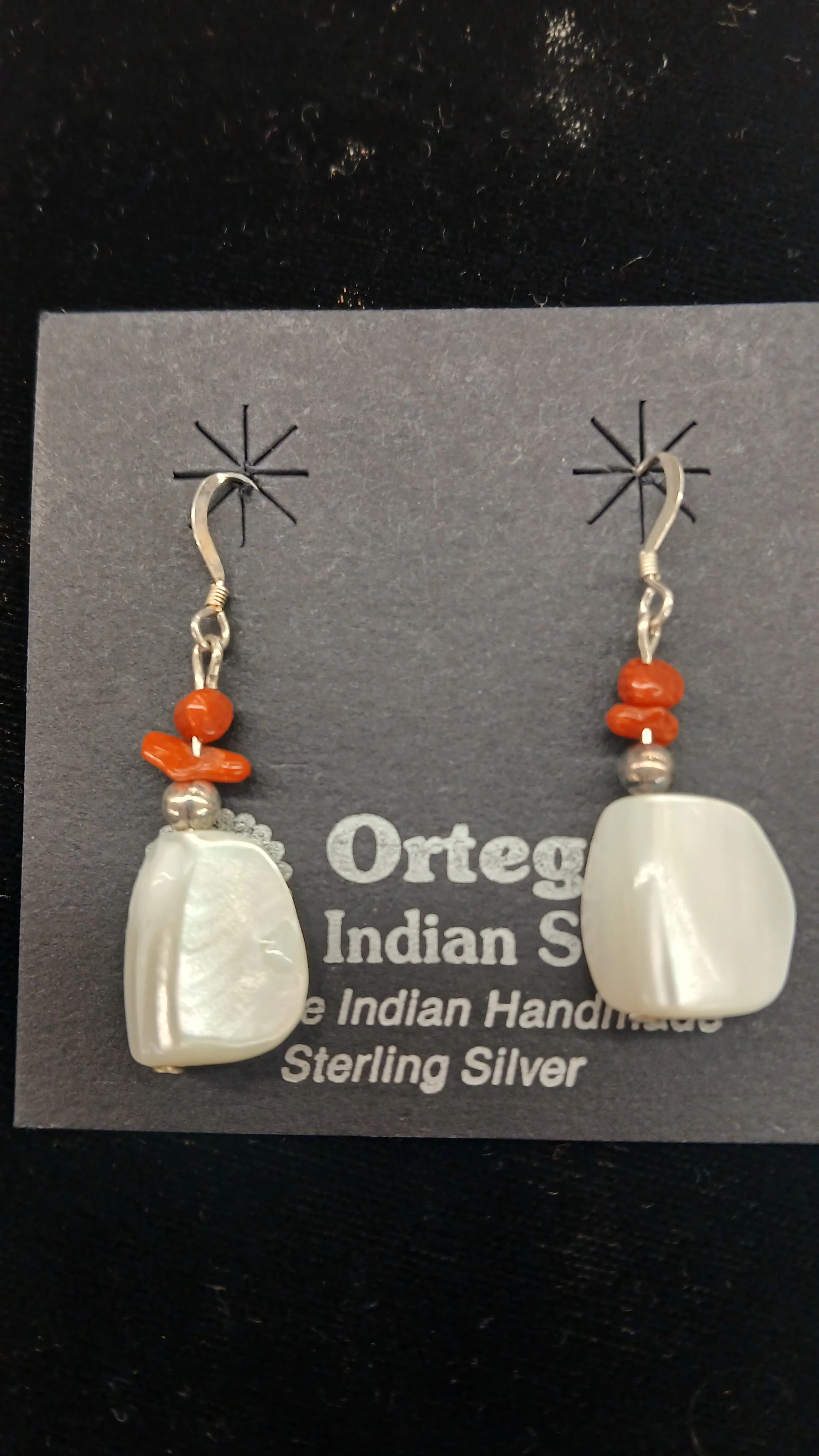 Santos Domingo Earring Mother of Pearl and Coral Dangle on Silver