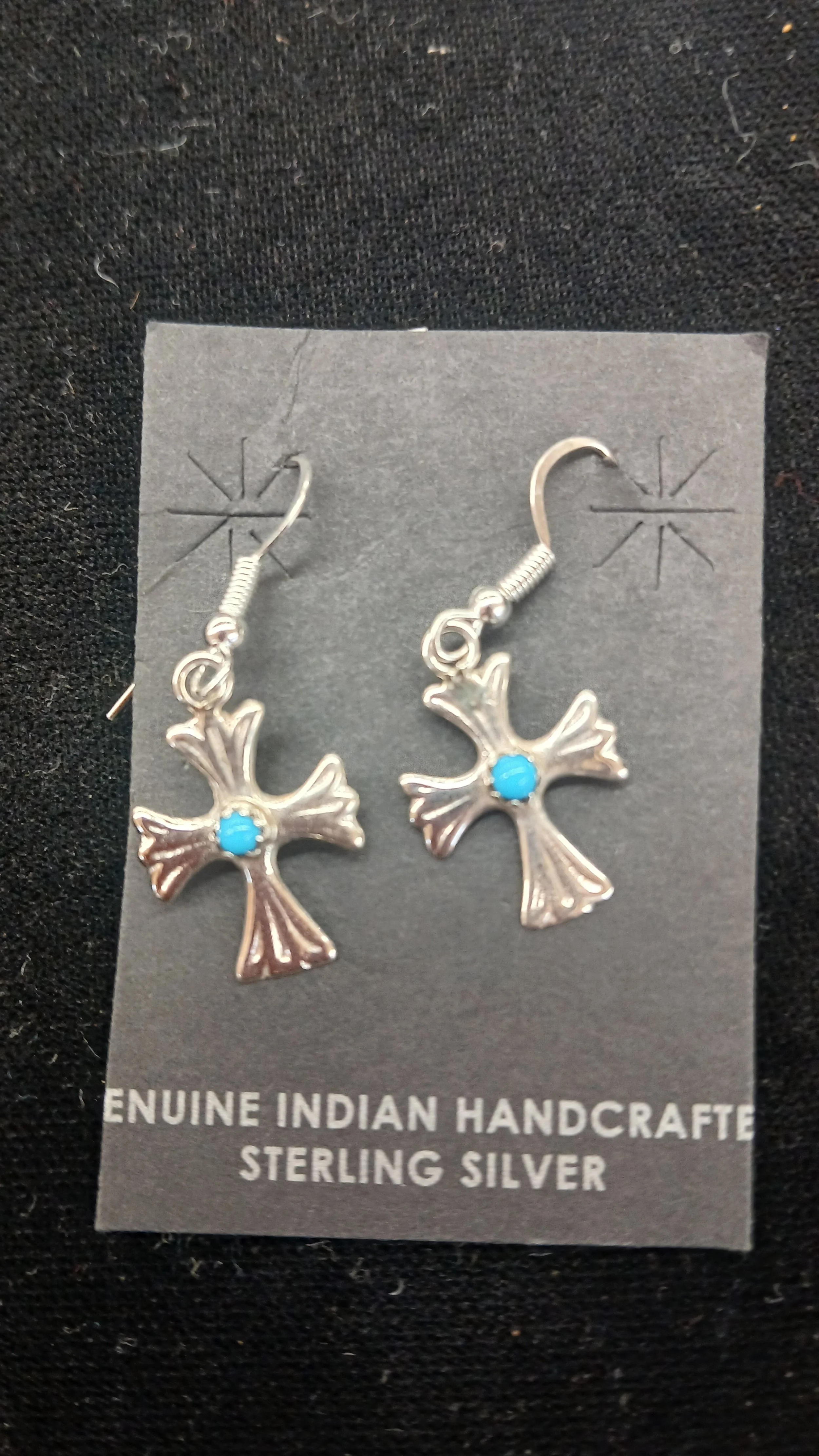 Navajo sterling cross dangle earring with turquoisestone in center