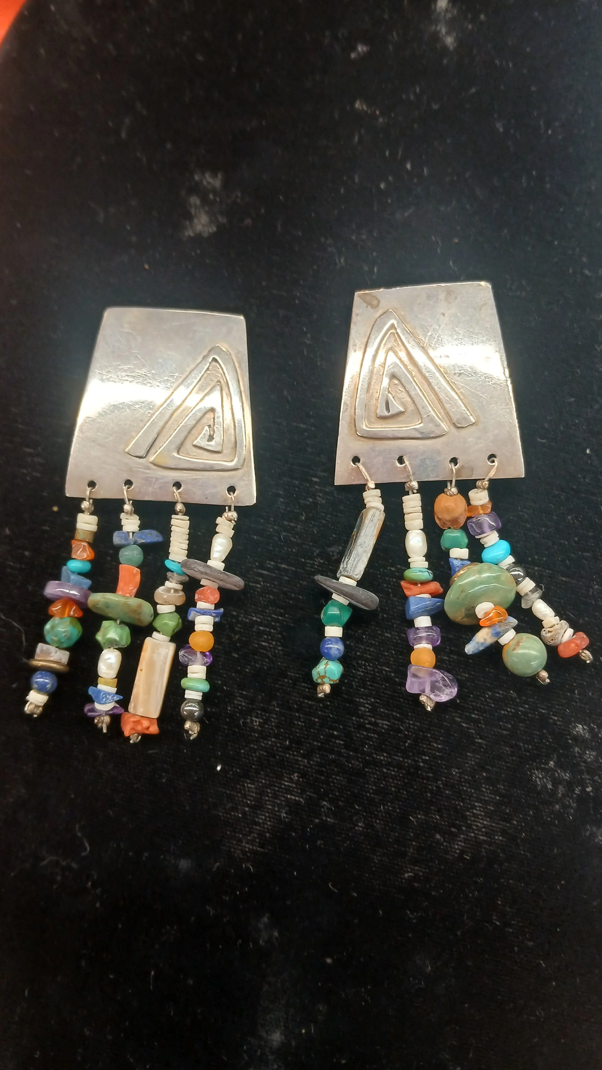 Santos Domingo Clip dangle Earrings  assorted stones 4 strands  and silver