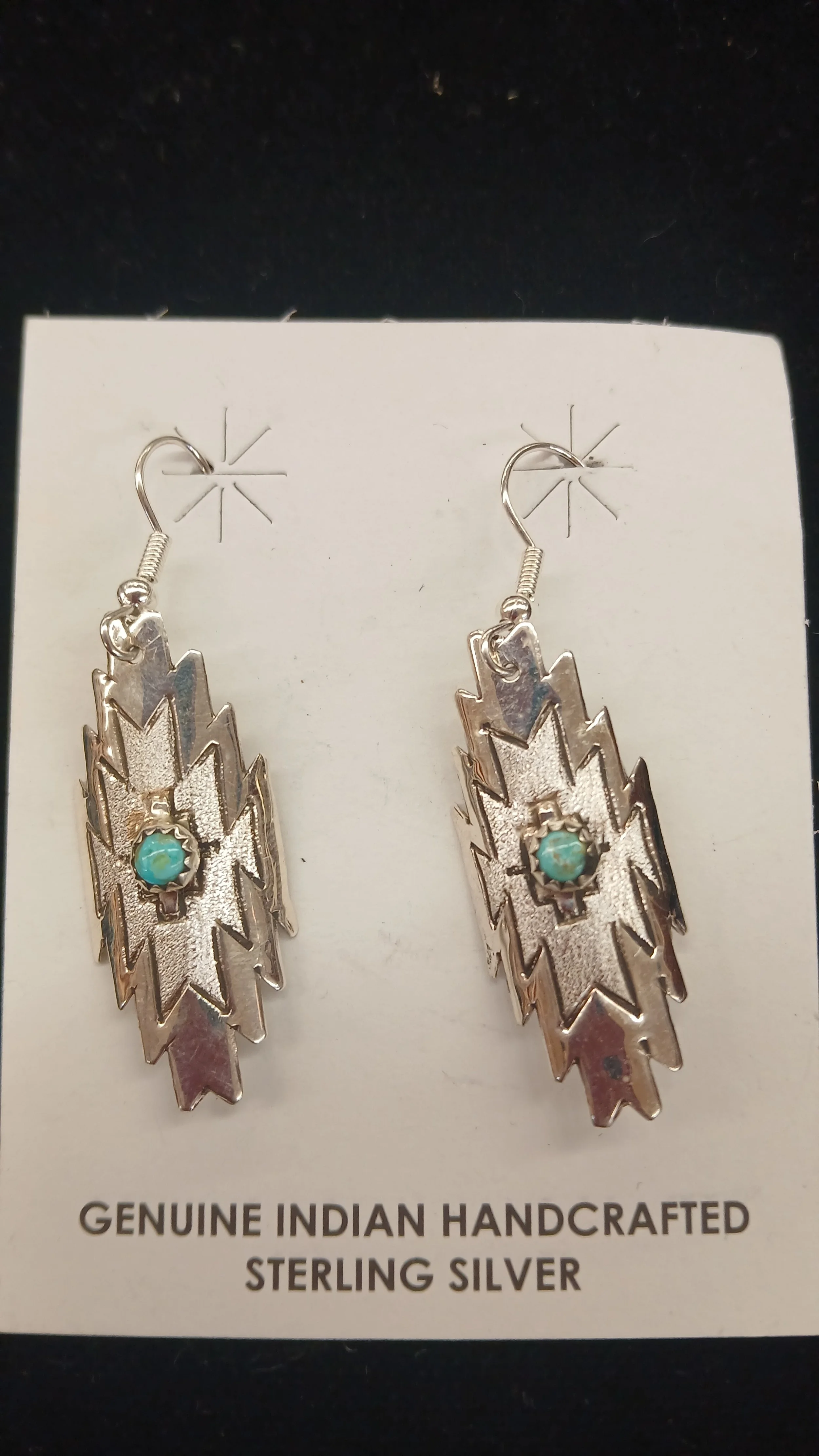 Navajo handmade sterling silver turquoise and edtched dangle earrings by artist  Florance Tahe