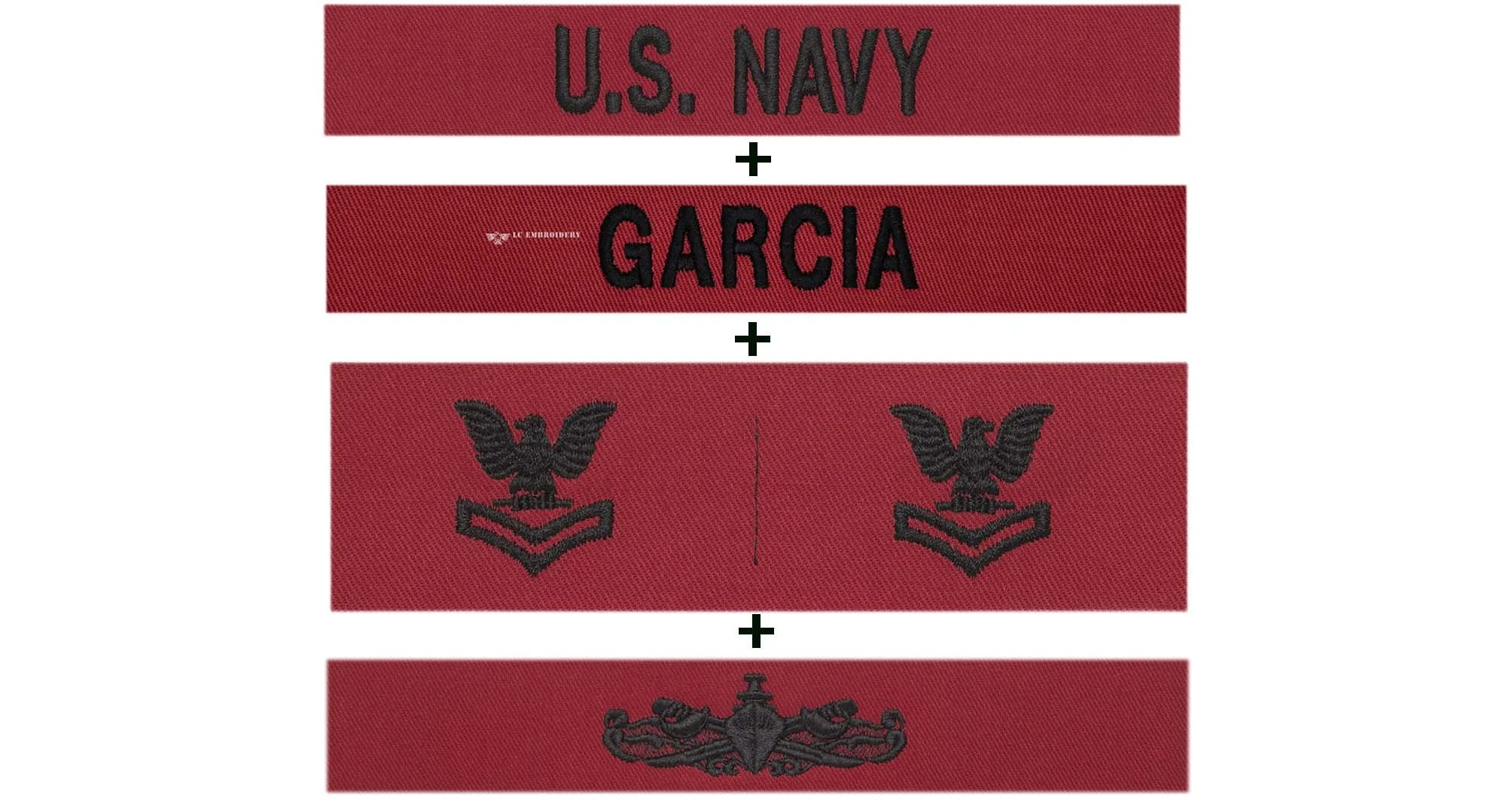 CUSTOM UNIFORM NAMETAPE, USN, PRIMARY WARFARE AND COLLAR RANK- E-4 TO E-6
