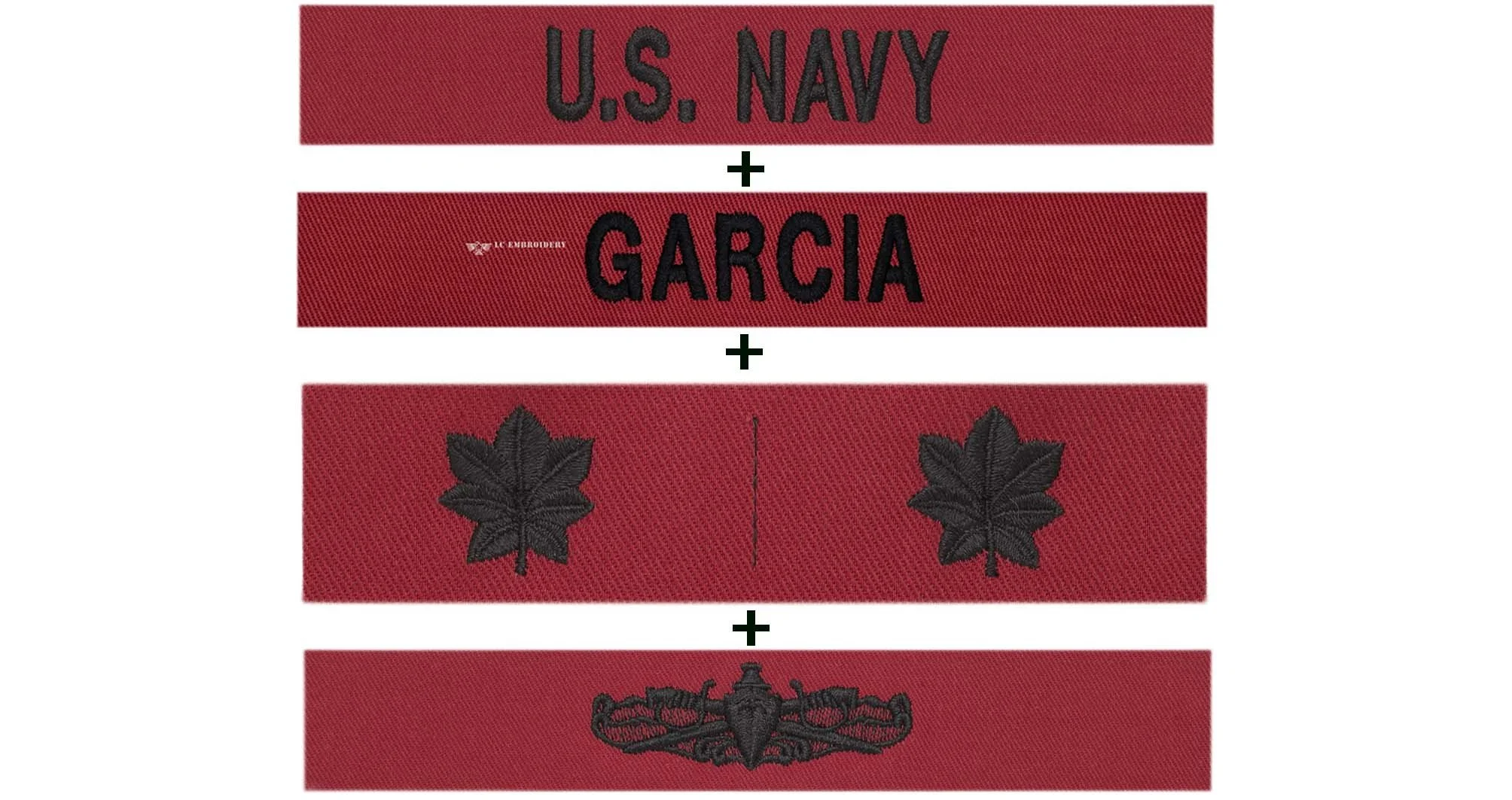 CUSTOM UNIFORM NAMETAPE, USN, PRIMARY WARFARE AND COLLAR RANK E7 TO O-6