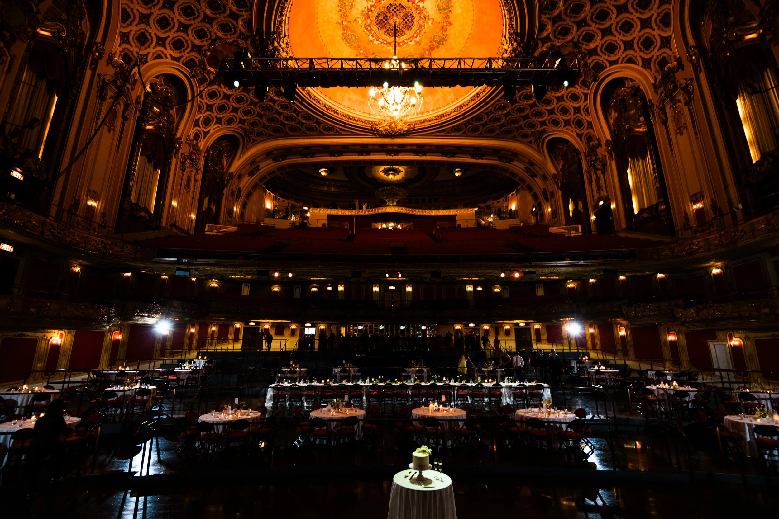 Inside of an elegant theatre set up for a wedding reception near Denver, Colorado