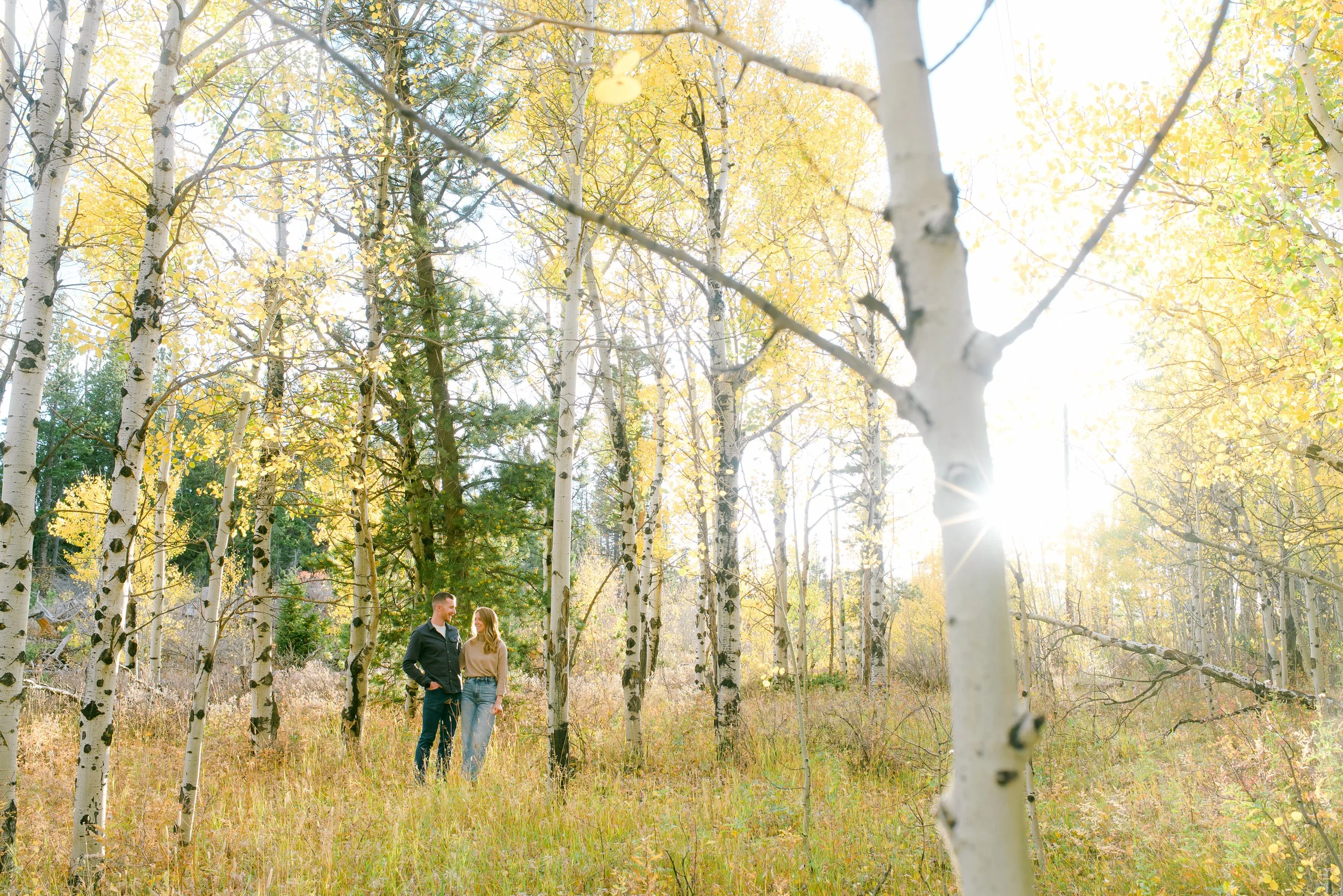 A couple standing in a forest of tall, slender aspen trees with yellow leaves for their fall foliage nederland engagement photos. 