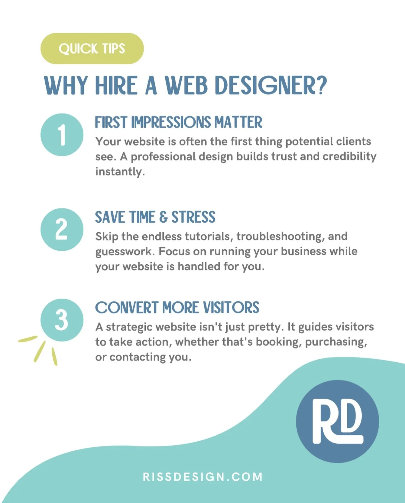 Your website works for you 24/7. 
Let&rsquo;s make sure it&rsquo;s making the right first impression. ✨

#WebDesign #womenownedbusinesses #WebsiteTips #smallbusinesstips #RissDesign