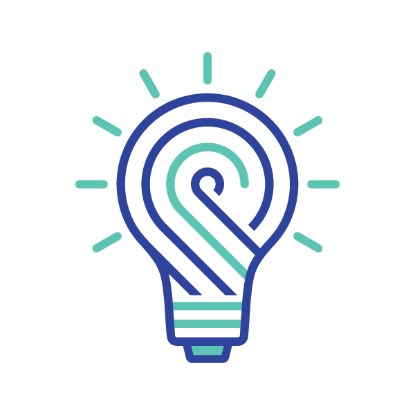 A graphic illustration of a lightbulb combined with a maze pattern inside, with lines radiating outward to suggest illumination.