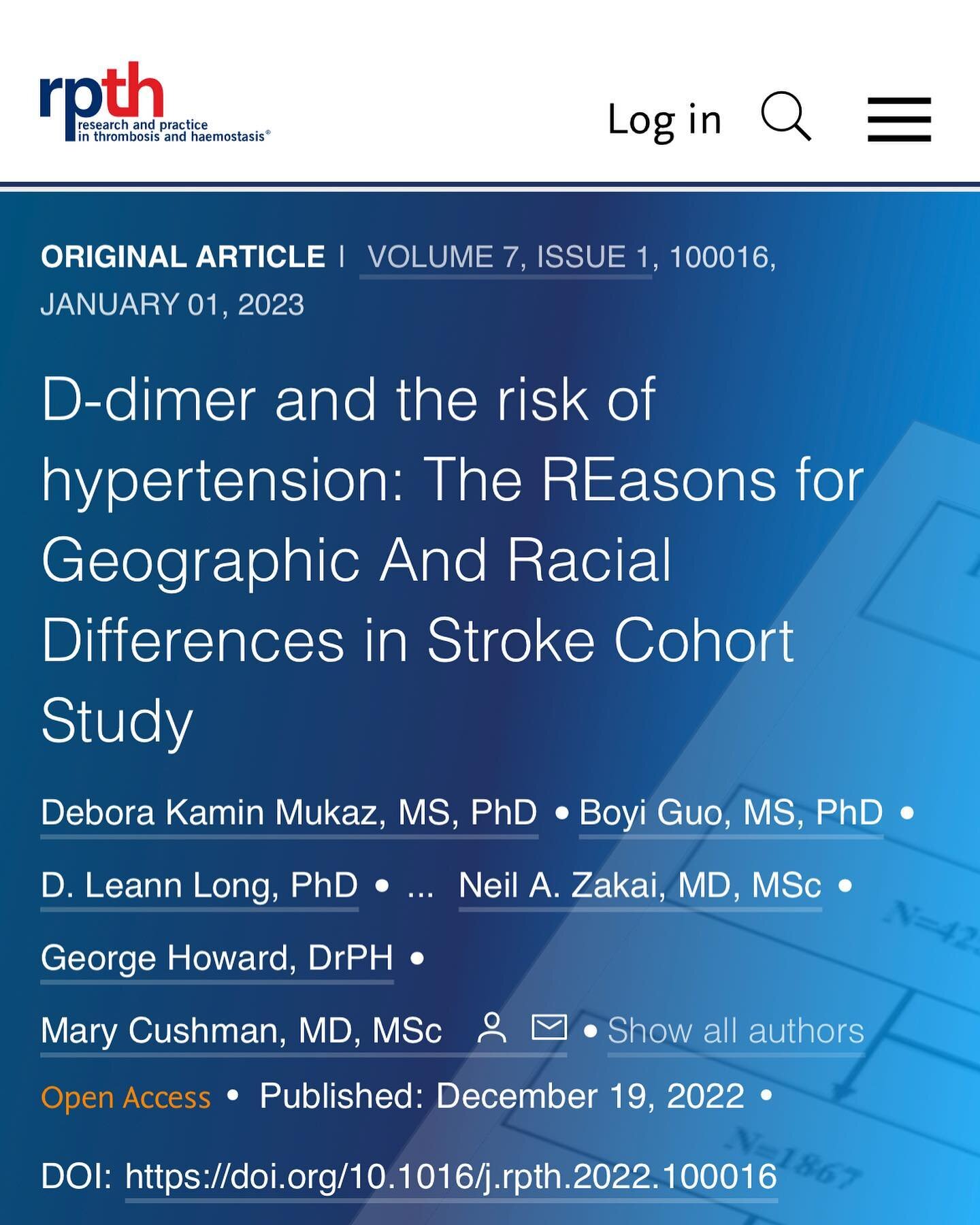 Happy to share my newest first-author research paper on D-dimer(a factor reflecting clotting and inflammation) and #hypertension in the REGARDS Study. The #REGARDSStudy is one of the largest and most diverse longitudinal studies on stroke and cogniti