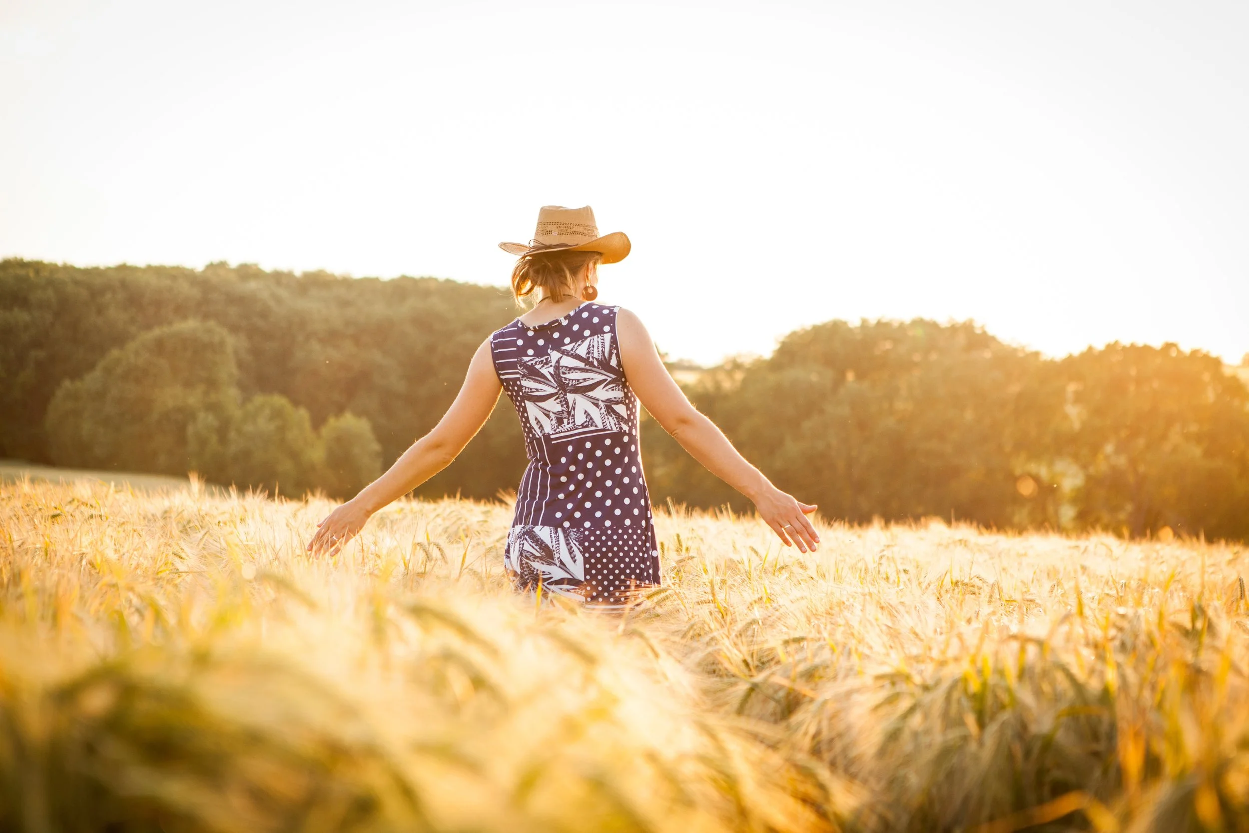 Person standing with arms outstretched in a sunlit field of tall grass