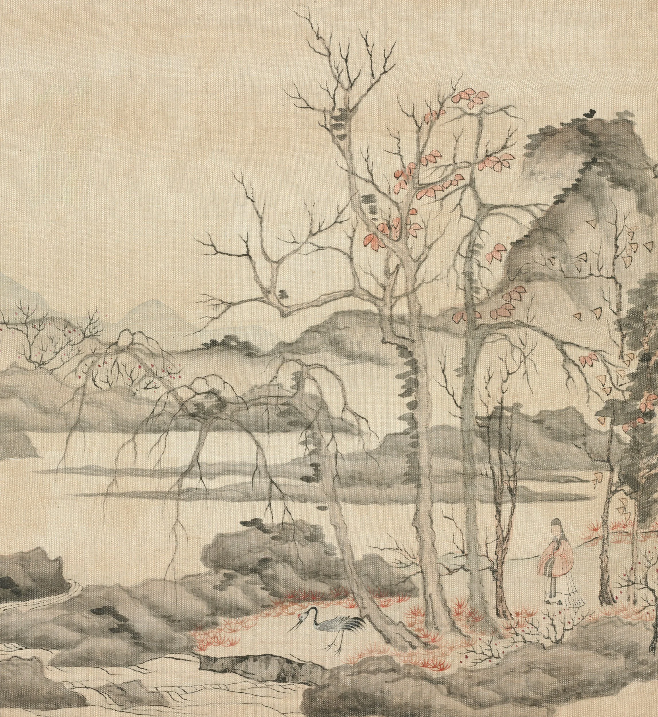 Traditional Chinese landscape painting with mountains, trees, a crane and a figure beside the water