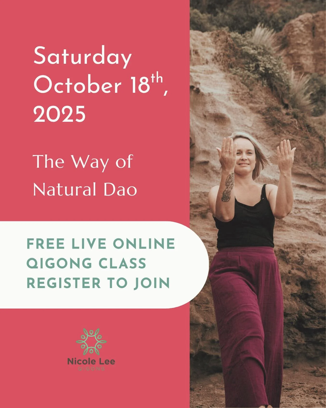 Join me for a free Live Online Qigong Class on Saturday, October 18th, 2025

Sometimes life pulls us off balance. We get busy, scattered, or just feel out of sync. Natural Dao Qigong is a gentle way to come back &mdash; to settle, breathe, and move i