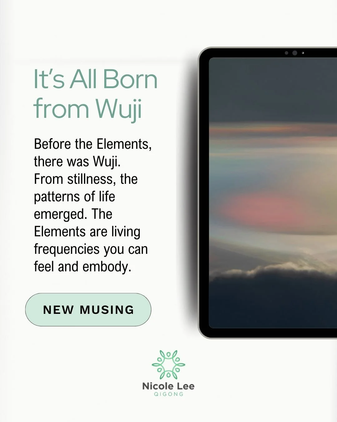 Before the Elements, there was stillness.
From Wuji &mdash; the fertile field of no-thing &mdash; movement arose.
From movement, polarity.
From polarity, the patterns of life.

I&rsquo;m being asked more and more about the Four Elements in contrast t