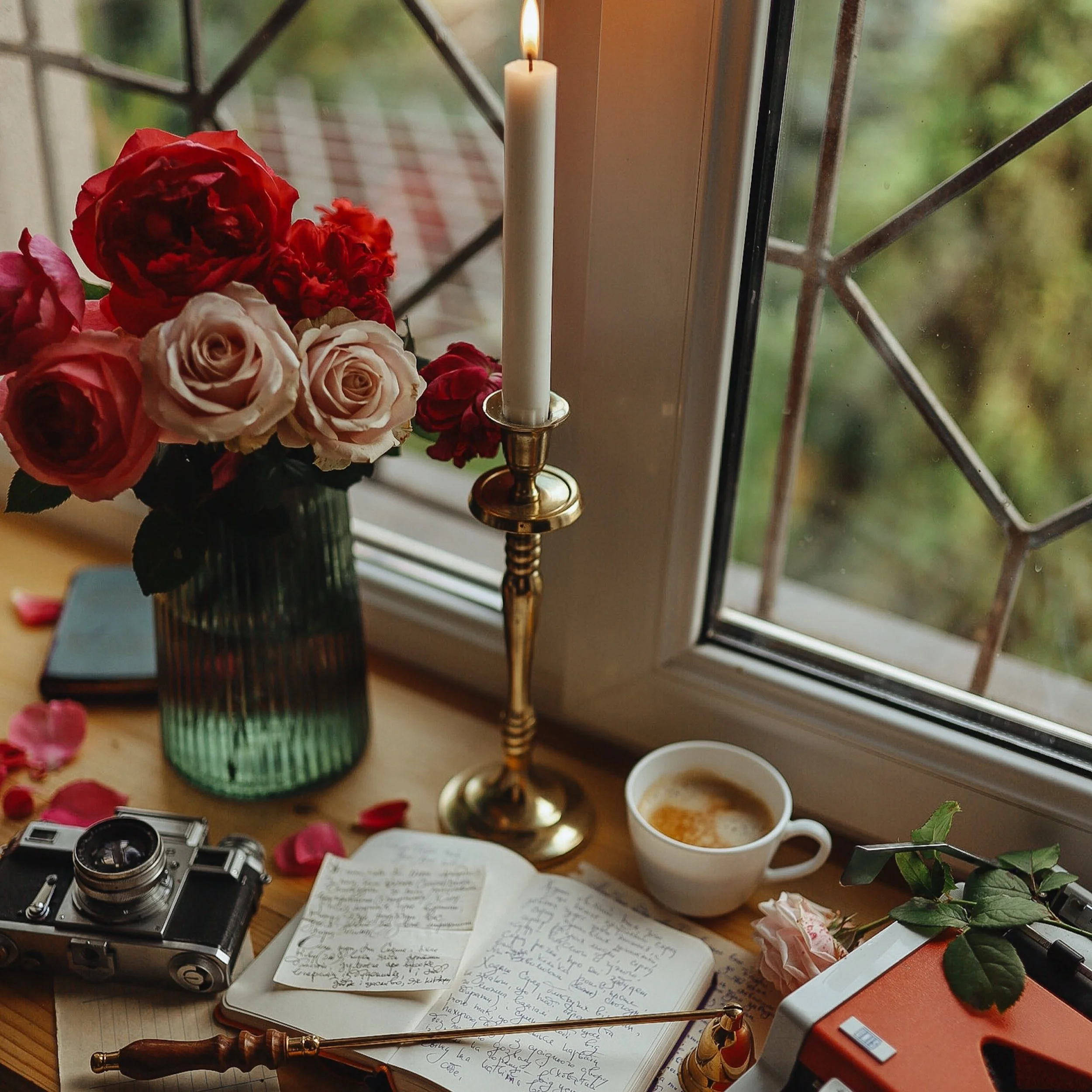 Red and white roses, a lit candle, journal and cup of coffee arranged on a table beside a window
