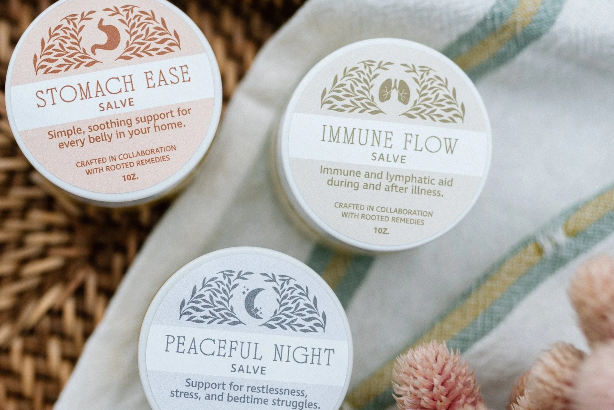 stomach ease salve, peaceful night salve, immune salve remedies
