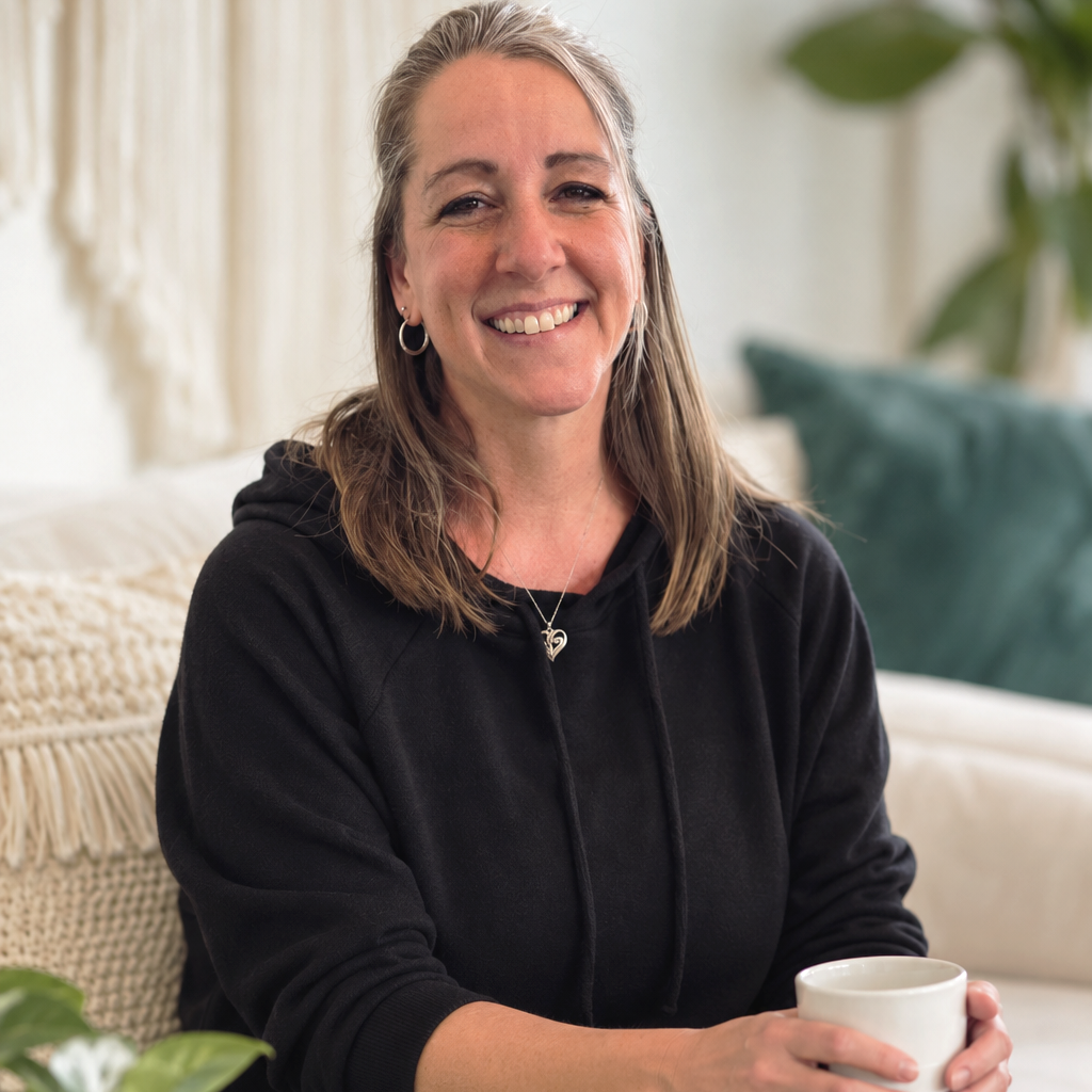 A woman with long hair, wearing earrings, smiling while sitting indoors near beige curtains, wearing a black hoodie and a necklace.