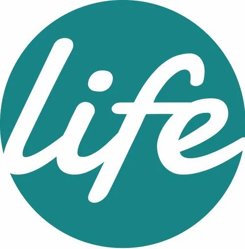 A teal circle with the word "life" written in white cursive font, the logo for LifeSherpa.