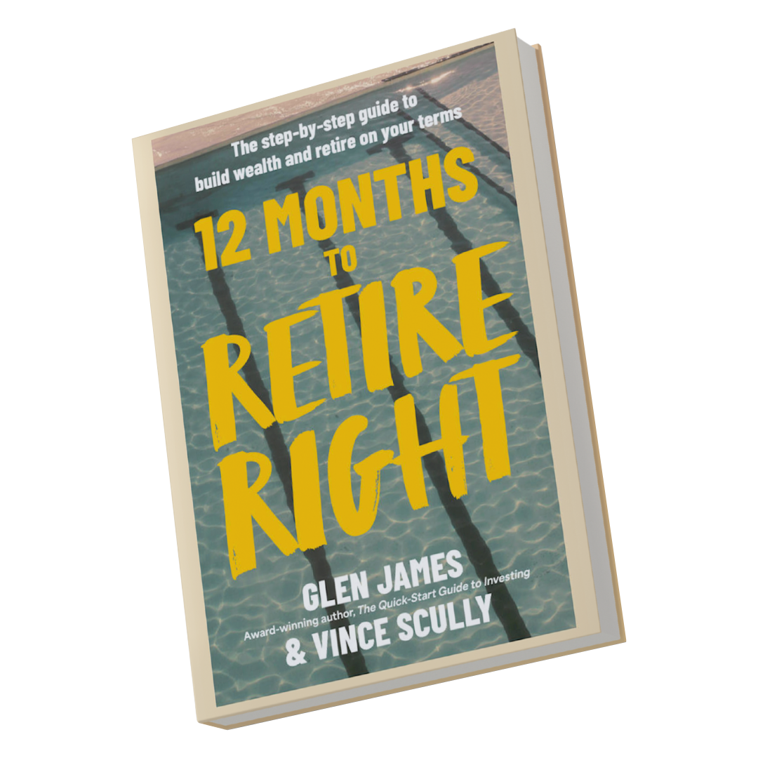 12 Months to Retire Right book cover, a swimming pool background with yellow text over the top.