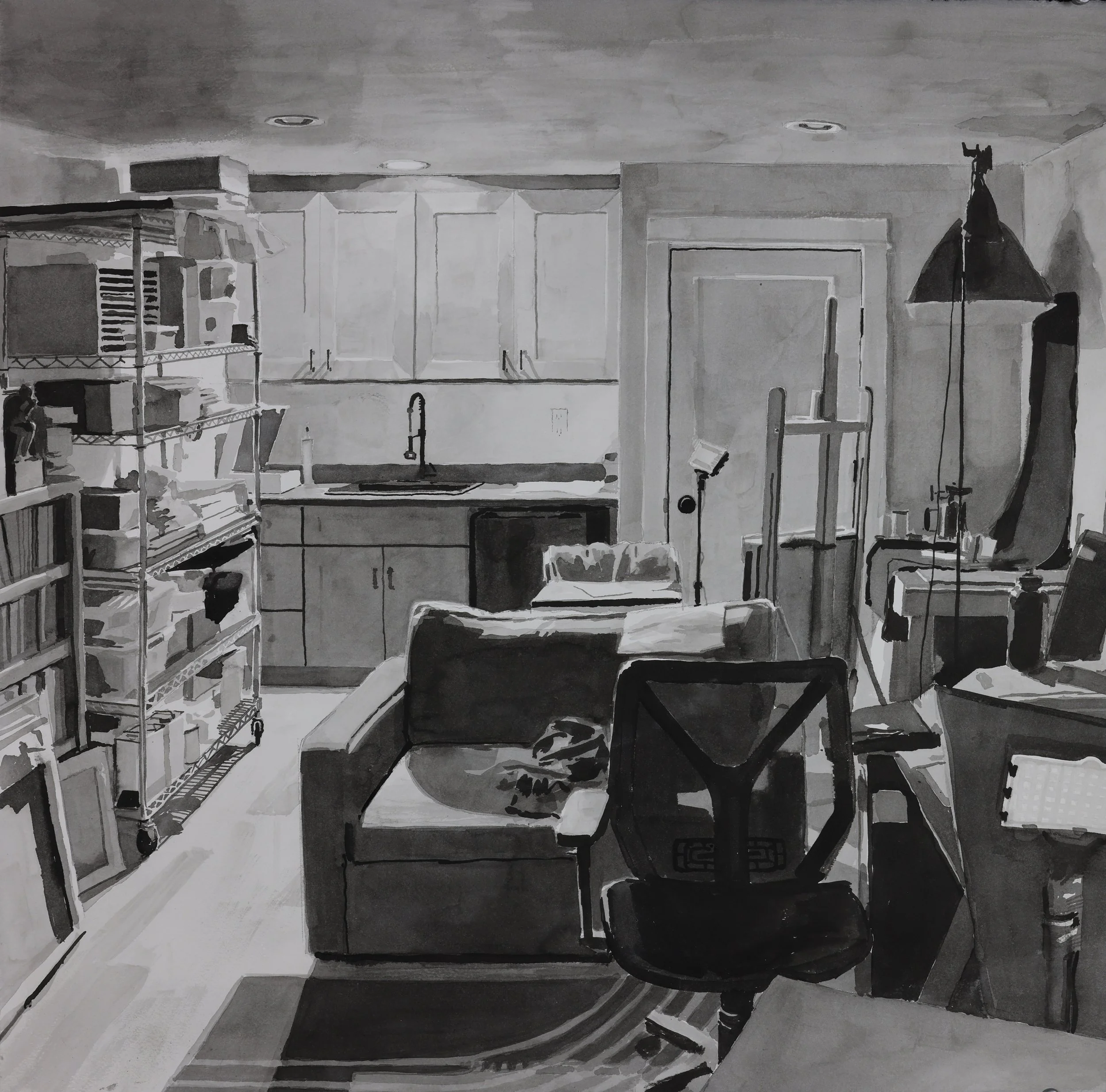 Studio at night. 22 x 22" ink wash drawing, 2023