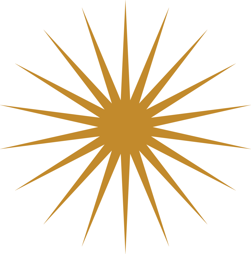 A black background with a gold starburst pattern radiating outward from the center.
