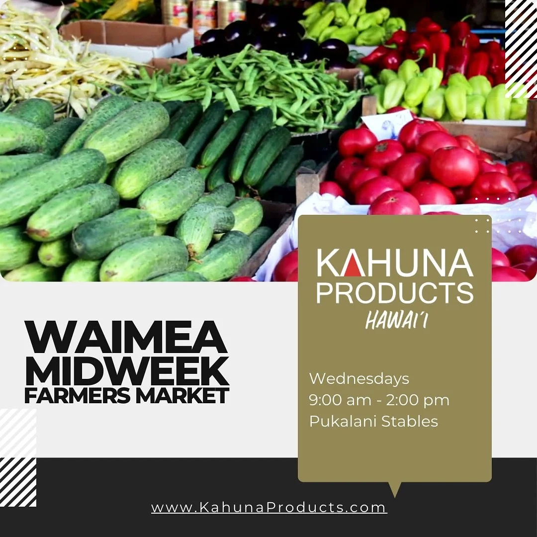 Join us every Wednesday from 9am&ndash;2pm at Pukalani Stables for fresh produce, local eats, and handmade goods.
www.KahunaProducts.com
.
.
.
.
.
.
.
#WaimeaMidweekMarket #BigIslandEats #HawaiiFarmersMarket #SupportLocal #EatLocal #ShopLocal #FreshP