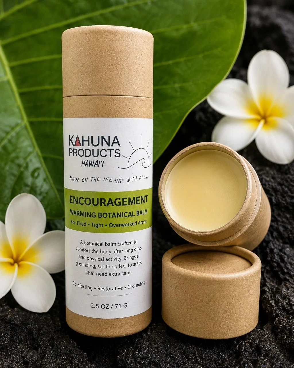 Plant-based body care inspired by the islands. Crafted with Aloha.
Meet ENCOURAGEMENT &mdash; our warming botanical balm created for tired, tight, and overworked areas. Handcrafted in small batches using thoughtfully selected botanicals and packaged 