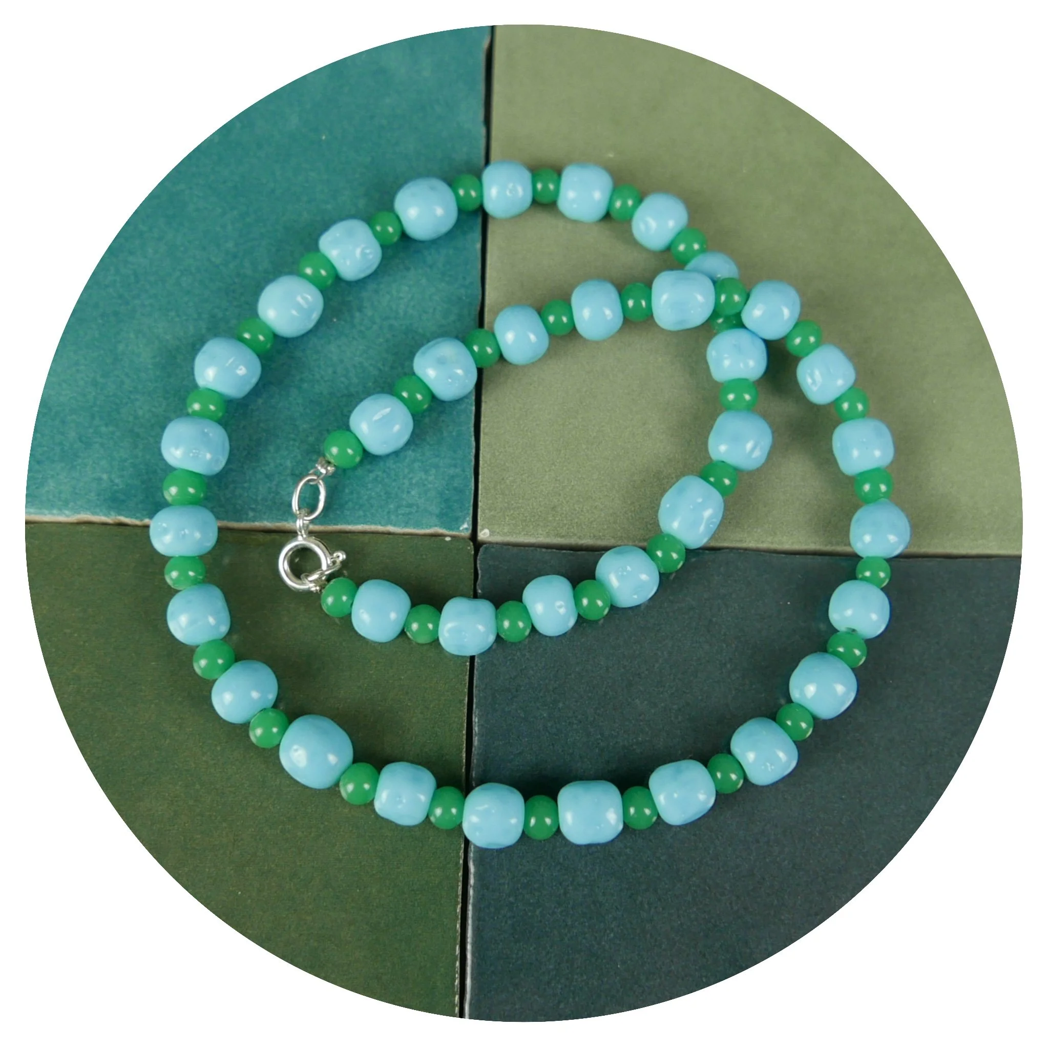 Vintage Glass Bead Necklace - Sky/ Green