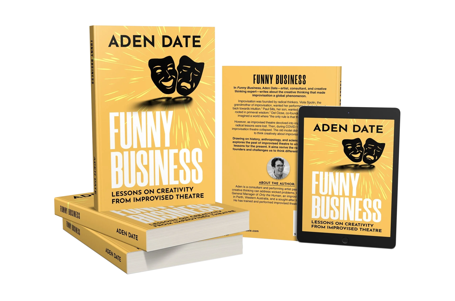 Book titled 'Funny Business' with masks on the cover, displayed alongside a tablet showing the same book cover and a printed product description. The book includes lessons on creativity from improvised theatre.