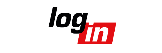 Grafik mit dem Text 'log in' in schwarzer und roter Schrift auf weißem Hintergrund.
