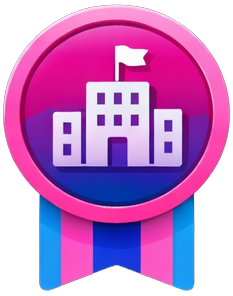 Ein Gebäude mit einer Flagge auf dem Dach, umgeben von einem pinken und blauen Rahmen.