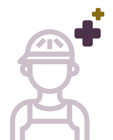 Een pictogram van een medisch professional met een hoofddeksel en een steriele outfit, met een plus- en een kruis-symbool erboven.