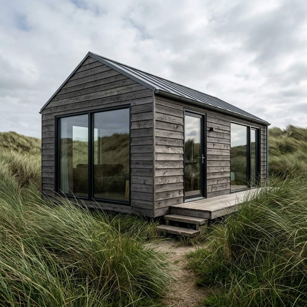 chalet in duinen met houten gevelbekleding