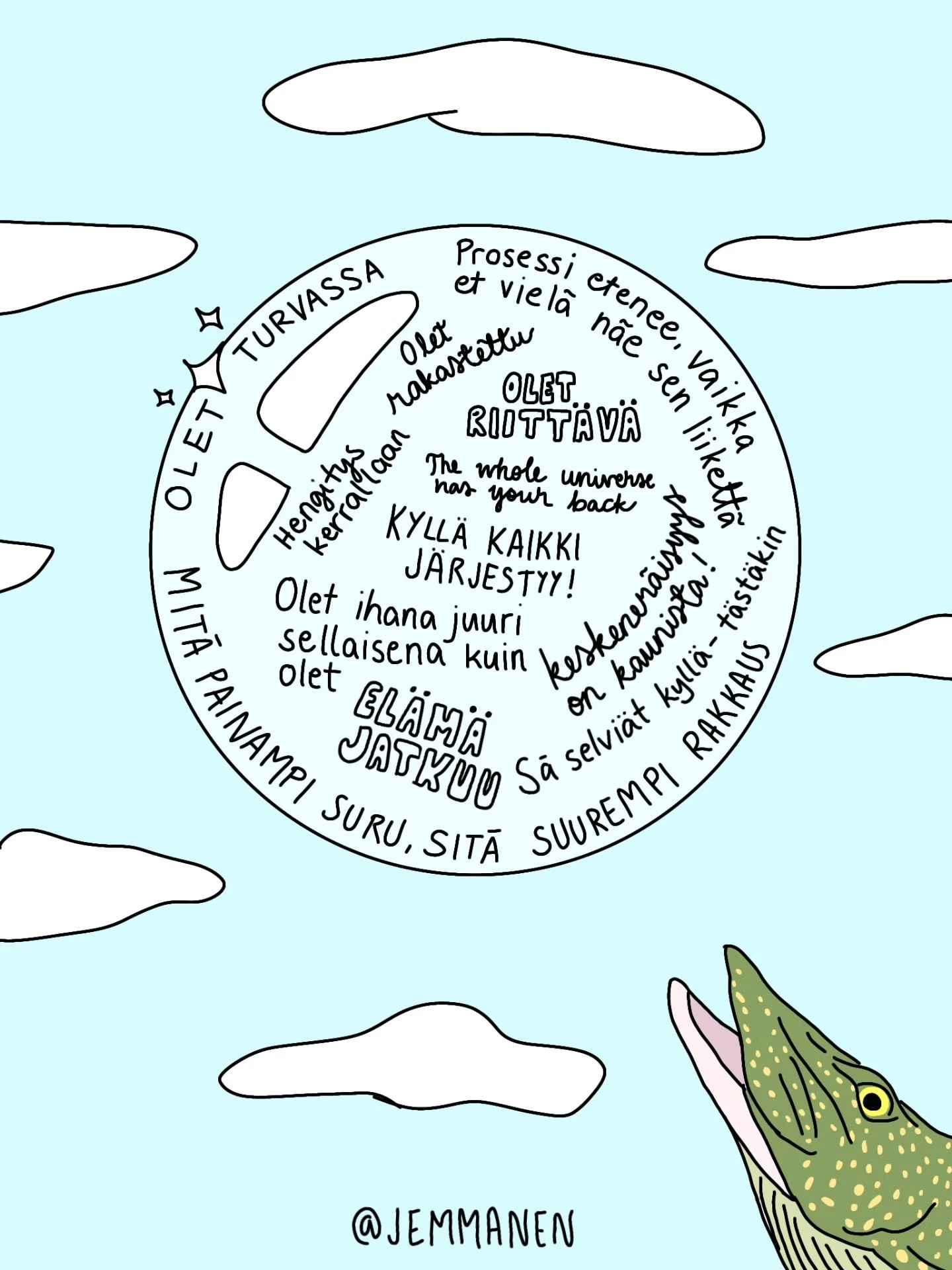 T&auml;&auml; pimennyskausi on ollut jotenkin erityisen raskas ja tuntuu, ett&auml; huonoja uutisia on tullut v&auml;h&auml;n joka tuutista. 😢

@arppamusic Hauki on soinut mun korvissa viimeaikoina tosi usein ja inspiroiduin piirt&auml;m&auml;&auml;