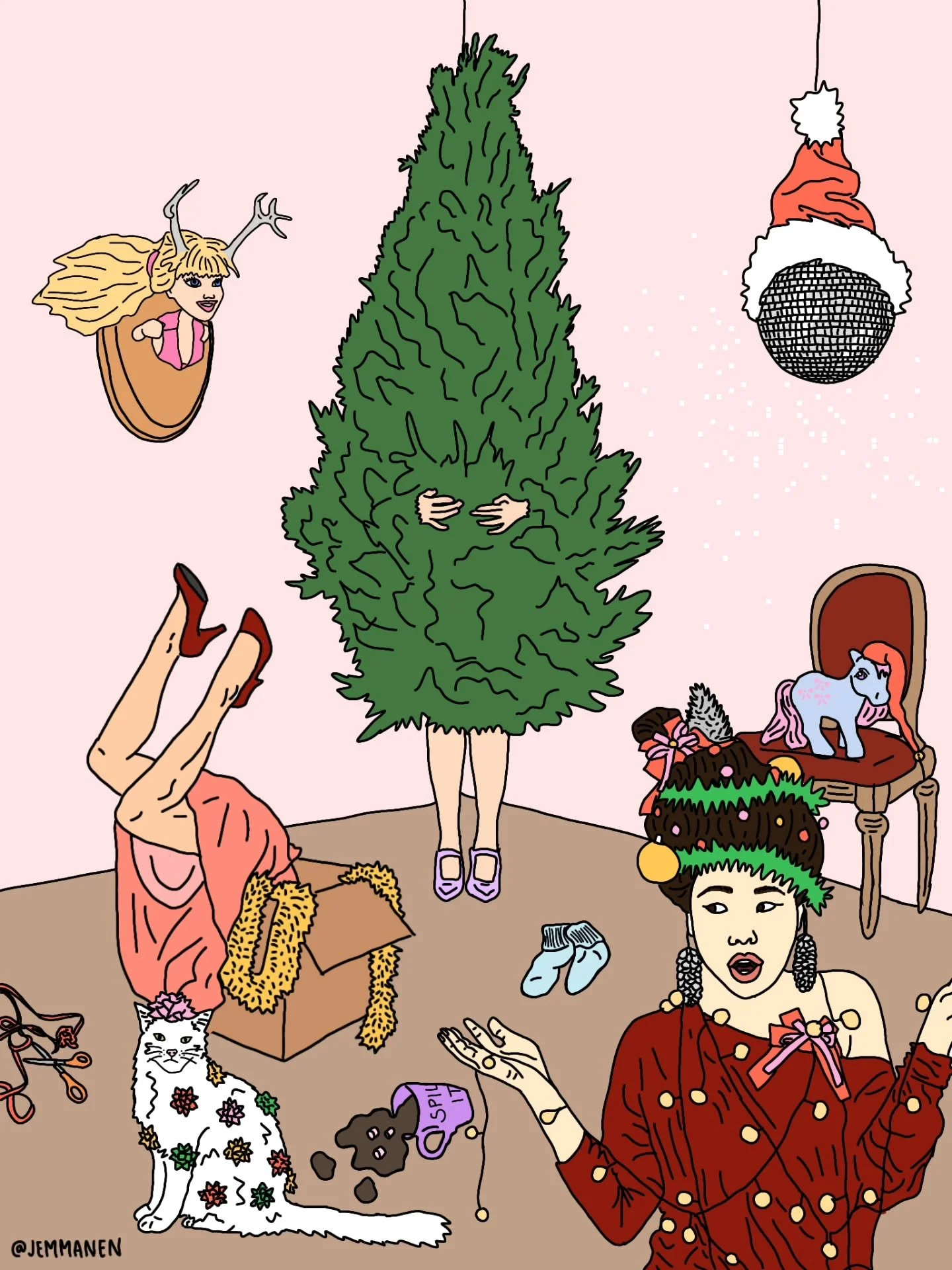 Se ois kuulkaa viikko jouluun. 🤷🏼&zwj;♀️ 

L&ouml;yd&auml;tk&ouml; kuvasta ittes? M&auml; samaistun tyyppiin, joka on kuusessa piilossa. 

#piirros #joulukortti #taide #kuvitus #joulu