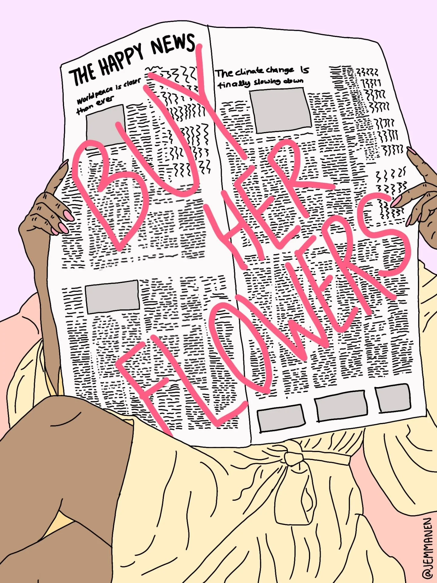 En osaa p&auml;&auml;tt&auml;&auml; kumpi on suurempi hyvinvointiteko; uutisten v&auml;lttely vai kukkien ostaminen, joten piirsin t&auml;h&auml;n molemmat. Jos oikein k&auml;ytt&auml;&auml; mielikuvistusta, niin toi tyyppi vois my&ouml;s nukkua tuol