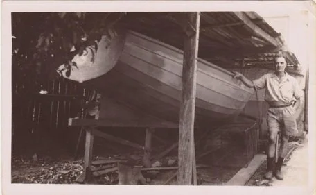 Ron Young boat outside muffin shop early 1950's.jpg