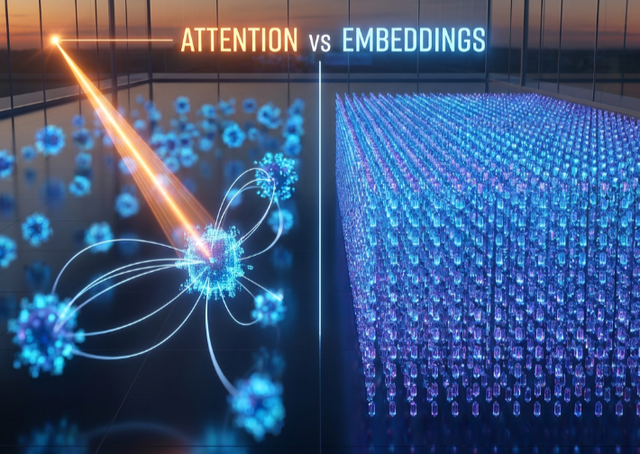 Embeddings vs Attention: Two Different Ways AI Finds Meaning