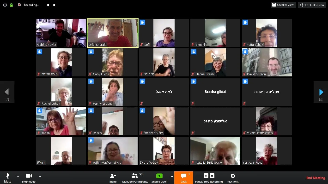 Screenshot of a Zoom video conference with multiple participants visible in a grid layout. Some participants have video enabled, while others are muted and have their cameras off. Several are raising their hands or waving. The interface displays meeting controls at the bottom.