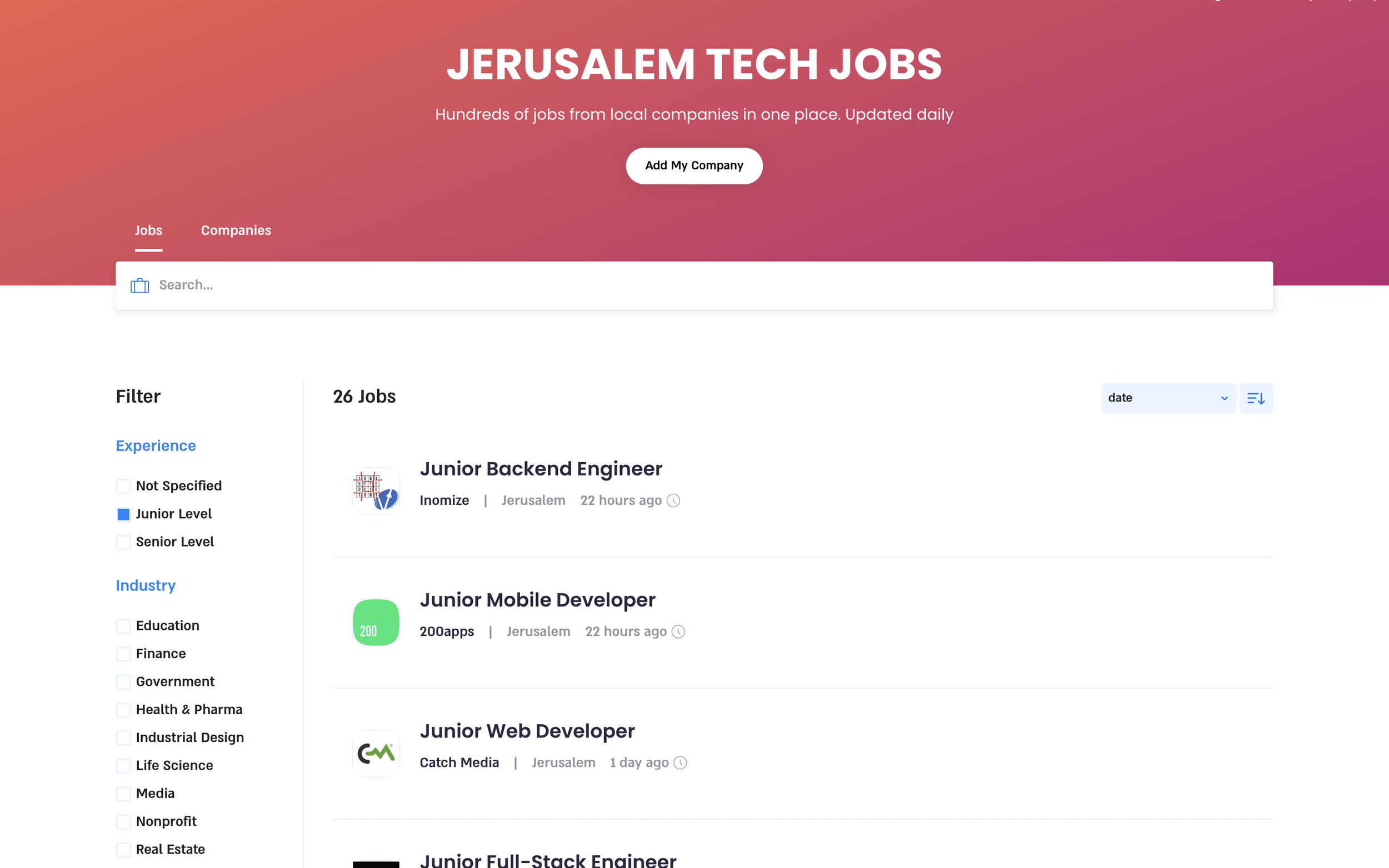 Job listing webpage for Jerusalem Tech Jobs with filters for experience and industry. Titles include Junior Backend Engineer and Junior Mobile Developer.