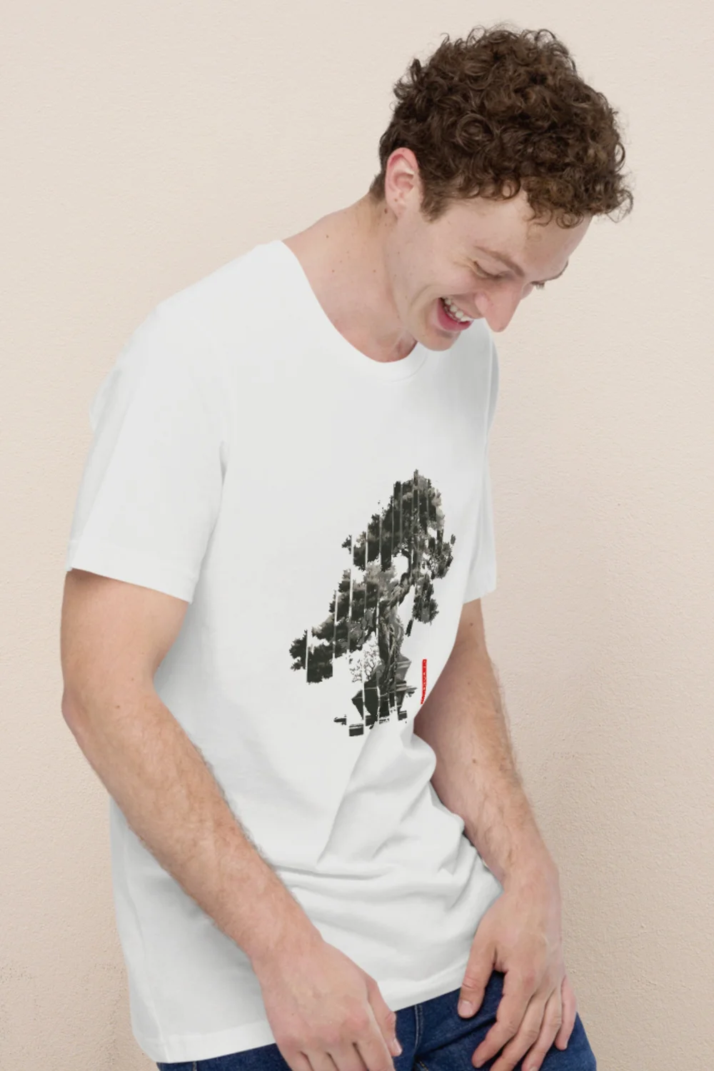 T3  Crew neck T-shirt with Bonsai tree print - Pure White  FIVE POCKET  jeans