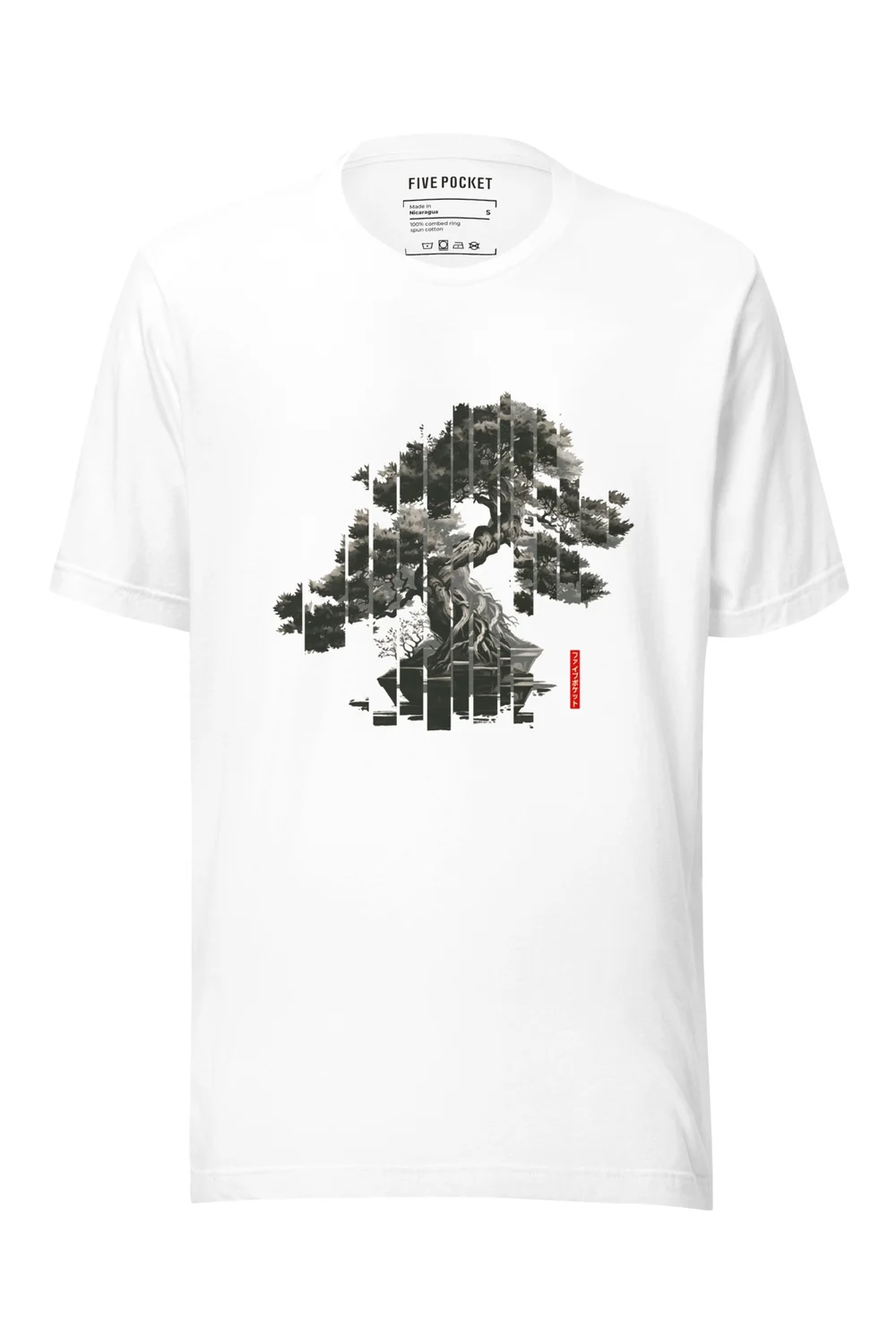 T3  Crew neck T-shirt with Bonsai tree print - Pure White  FIVE POCKET  jeans