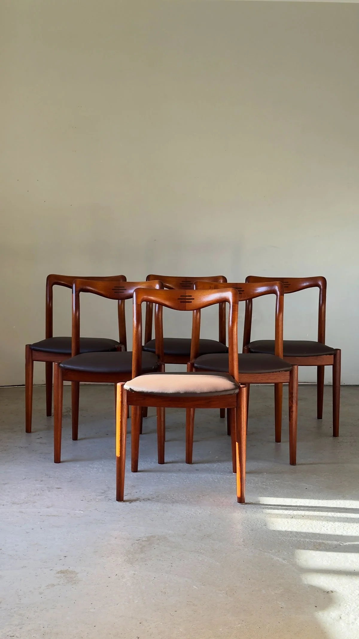 Rare Set of 6 Henry Walter Klein Teak Dining Chairs – Rosewood Joint Detail, Newly Upholstered - Department