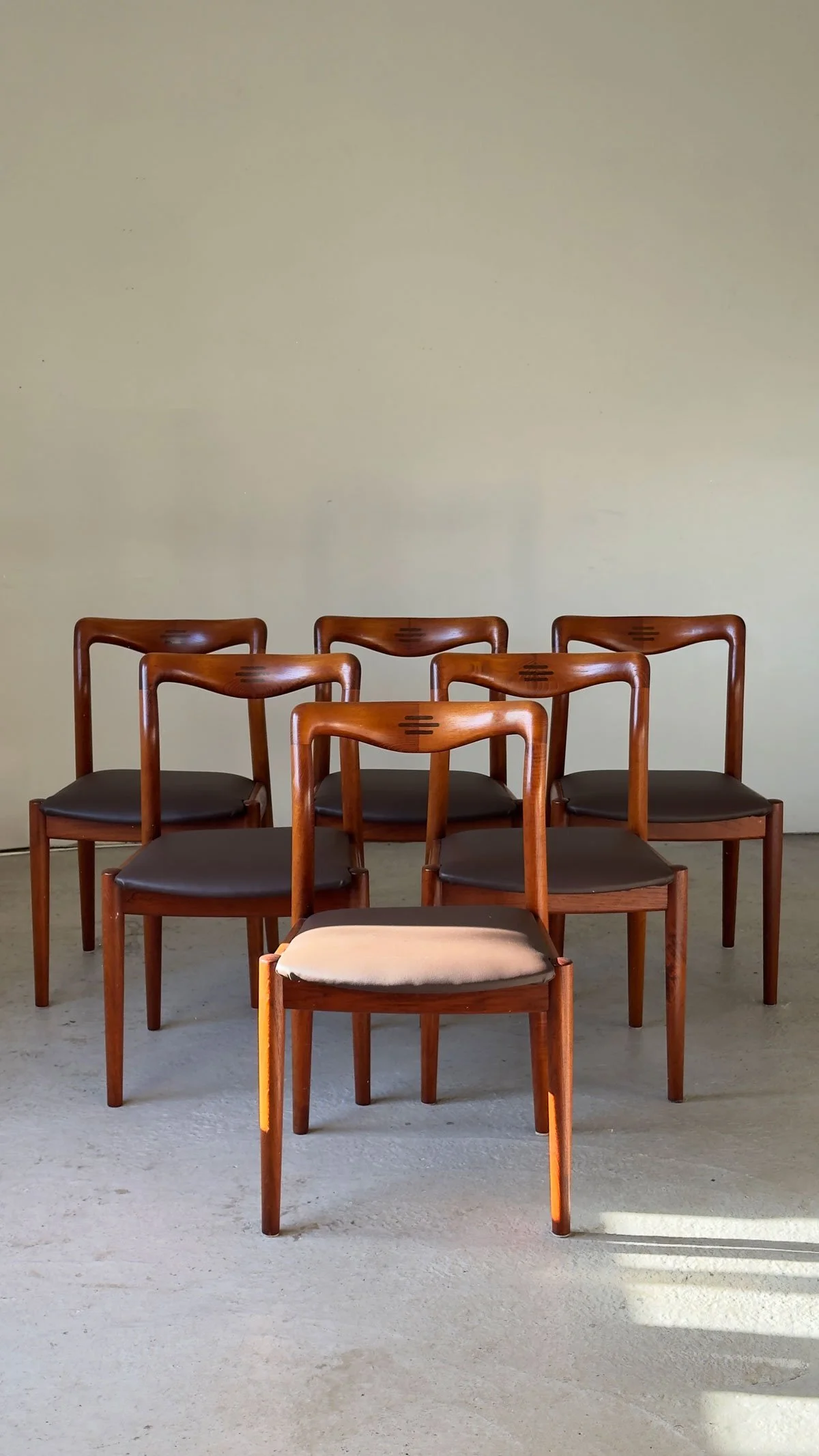 Rare Set of 6 Henry Walter Klein Teak Dining Chairs – Rosewood Joint Detail, Newly Upholstered - Department