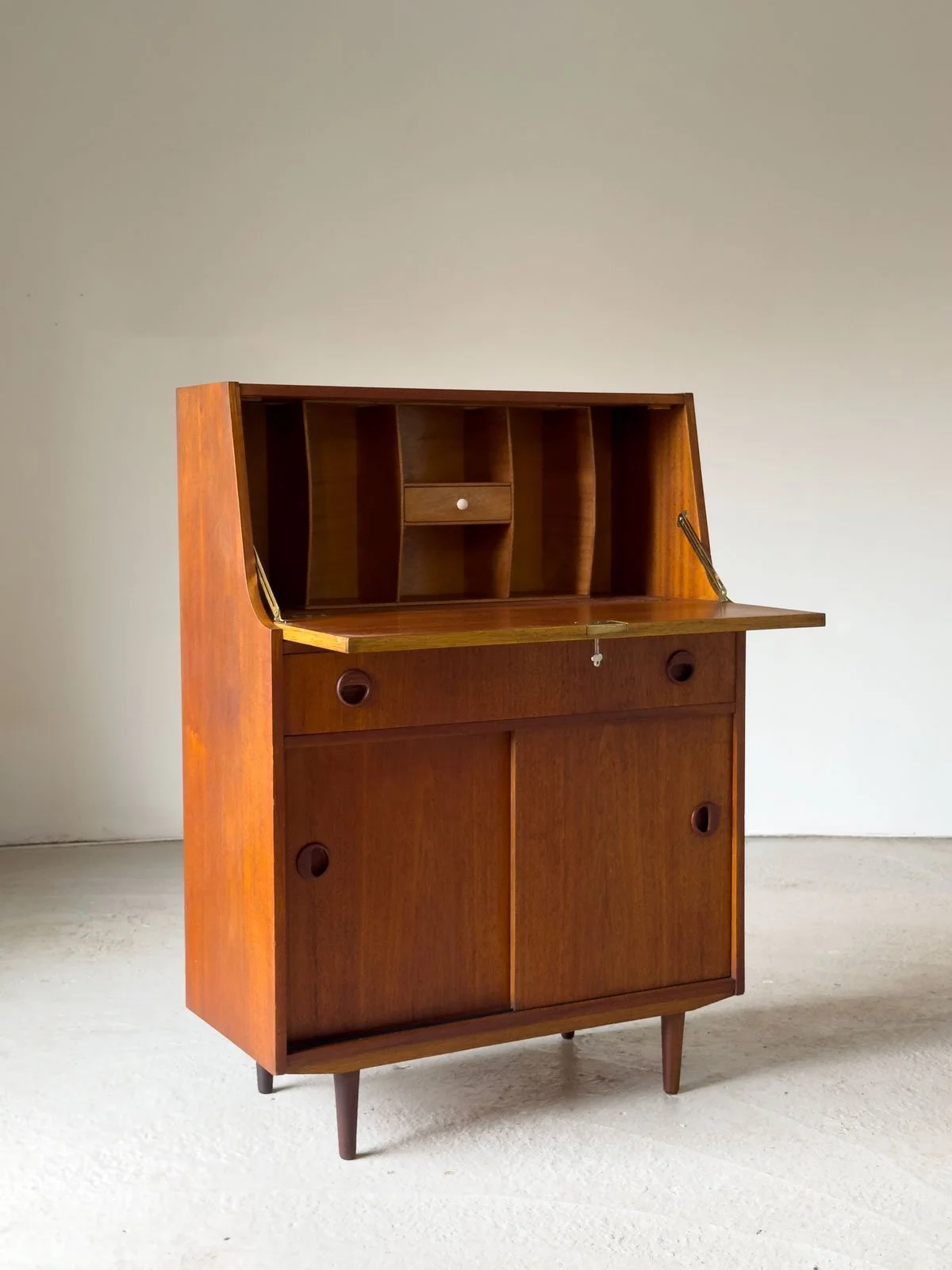 Doncraft Small Teak Bureau – British Mid-Century Desk with Key - Department