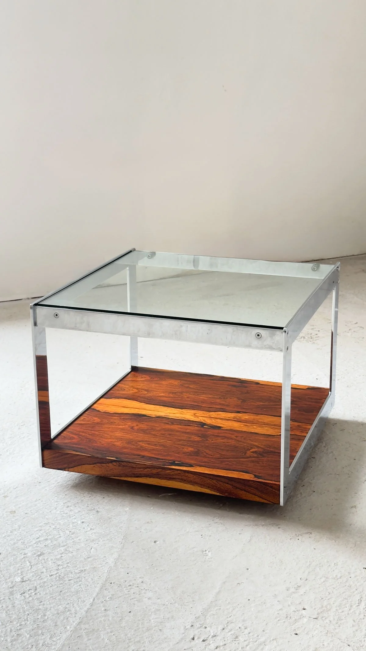 Merrow Associates “Gresley” Side Table in Rosewood, Chrome & Glass, 1970s - Department